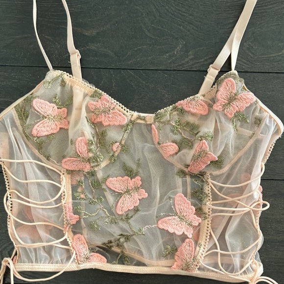 Other - Pink and Green Embroidered Mesh Crop Top